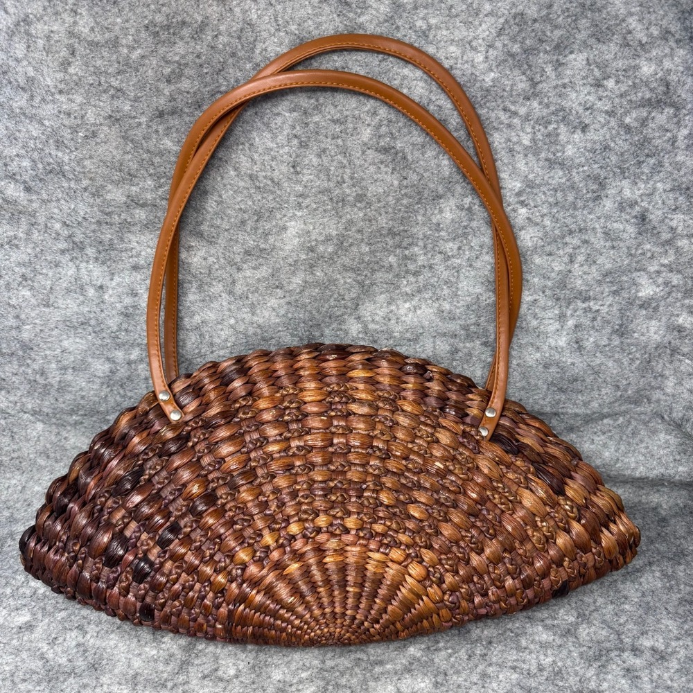 Handmade Crescent Basket Shoulderbag Purse Woven Rattan Wicker Brown Resortwear - Picture 1 of 10
